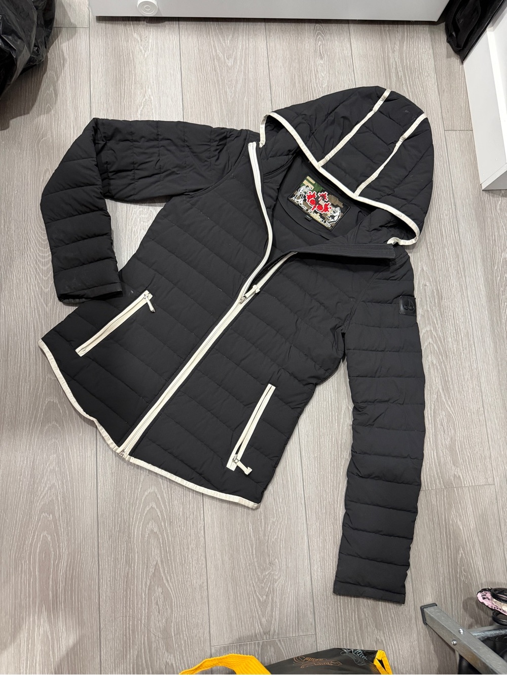Moose Knuckles Black Hooded Puffer Jacket with Cream Trim